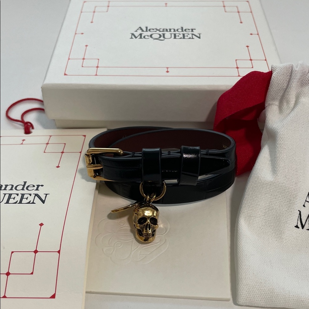 Alexander McQueen Black Leather Double Wrap Bracelet with Gold Skull Charm